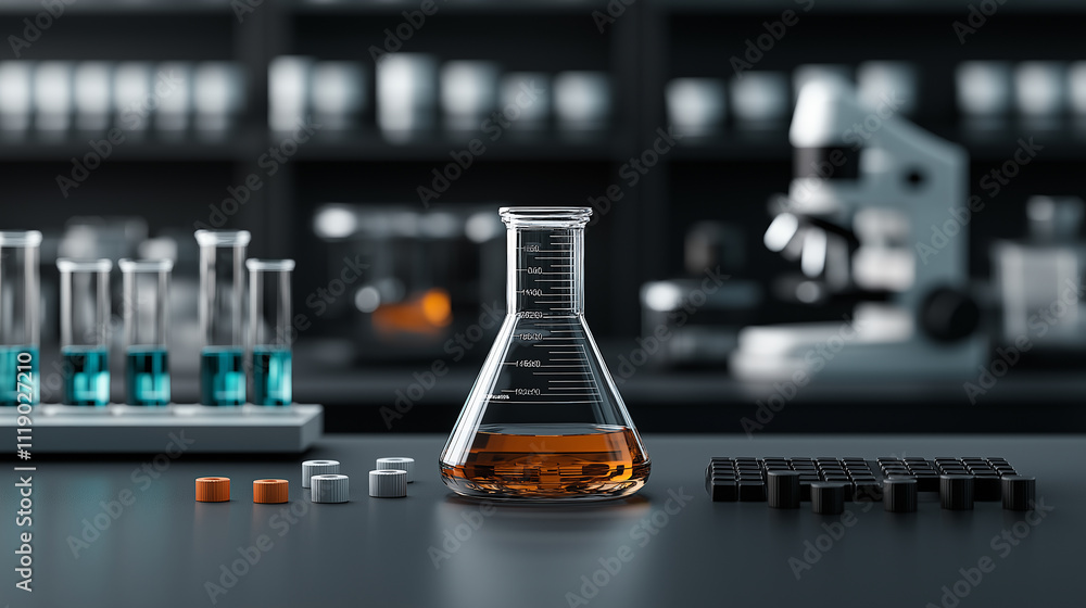Poster photorealistic laboratory scene featuring flask with orange liquid, test tubes with blue liquid, and microscope in background, creating focused research atmosphere