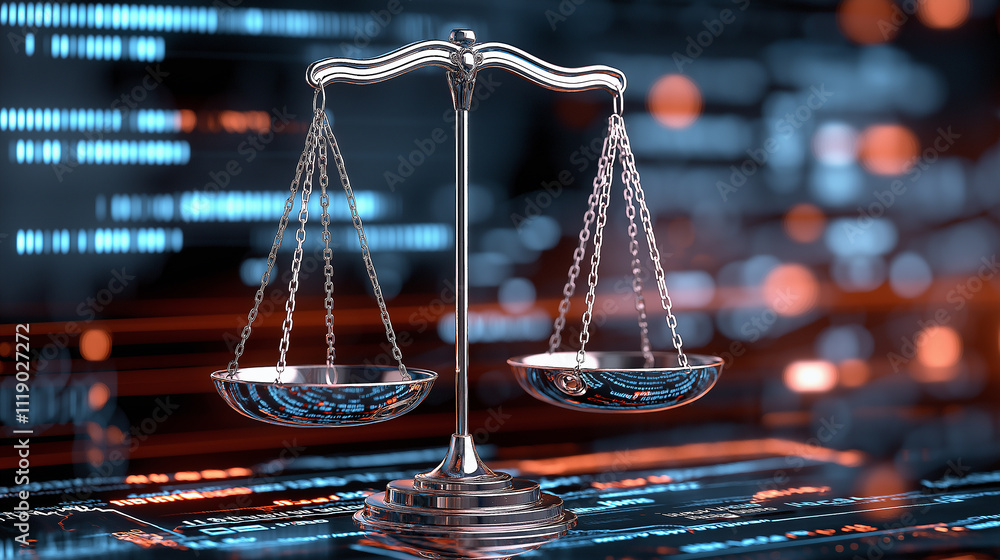 Poster vibrant graphic showing balance scale symbolizing justice and fairness, set against digital backgrou