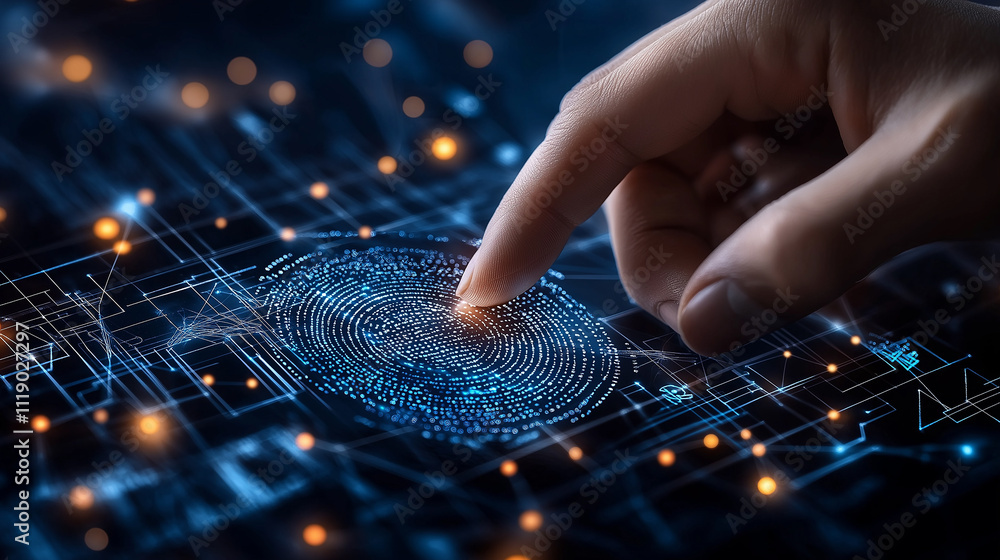 Poster hand interacting with digital fingerprint on futuristic interface, symbolizing technology and securi