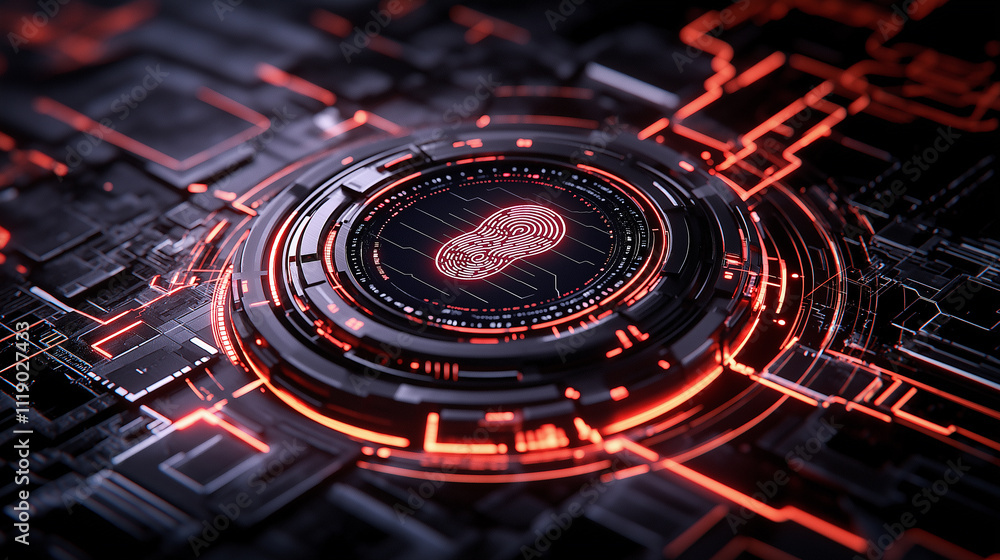 Poster digital fingerprint design with glowing red accents dark background, showcasing intricate circuit pa