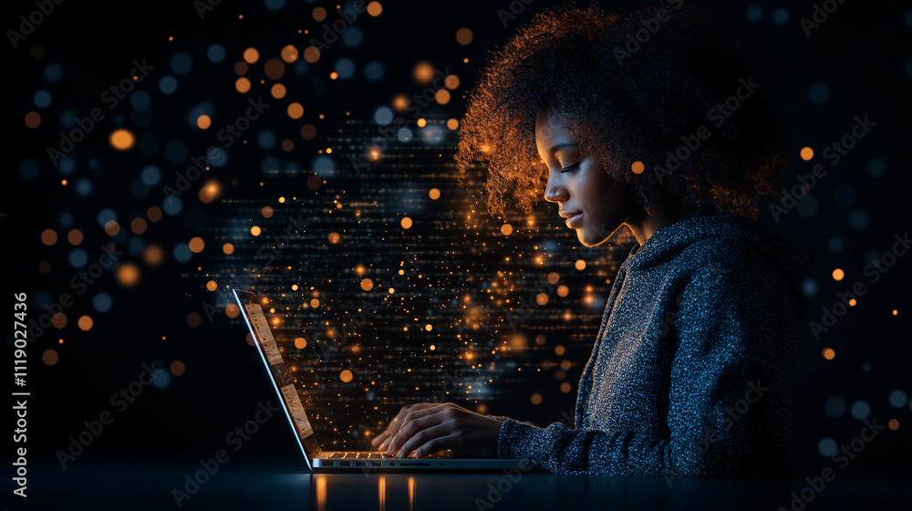 Poster young person with curly hair is focused on laptop, surrounded by glowing particles, creating vibrant