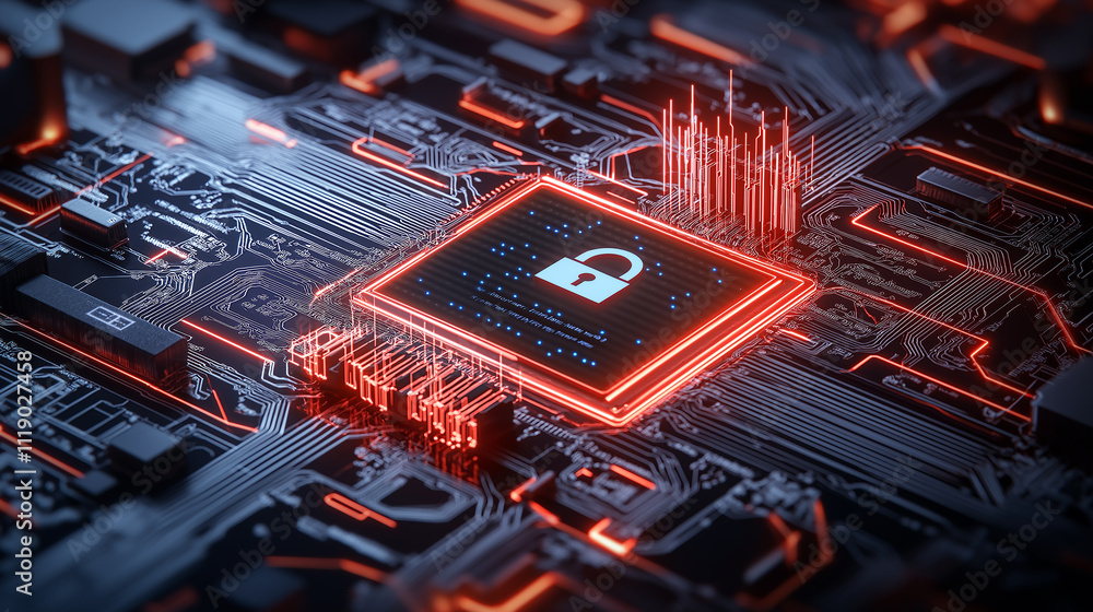 Poster digital shield symbolizing cybersecurity, featuring lock icon on circuit board. vibrant colors and i