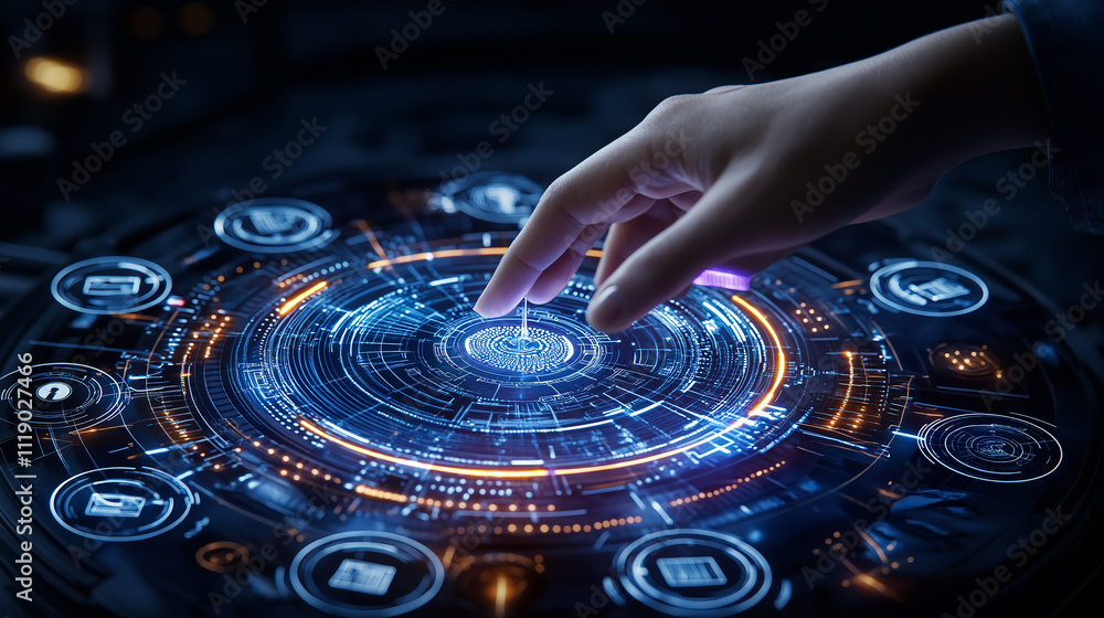 Poster close up of hand interacting with futuristic biometric interface, showcasing advanced technology and