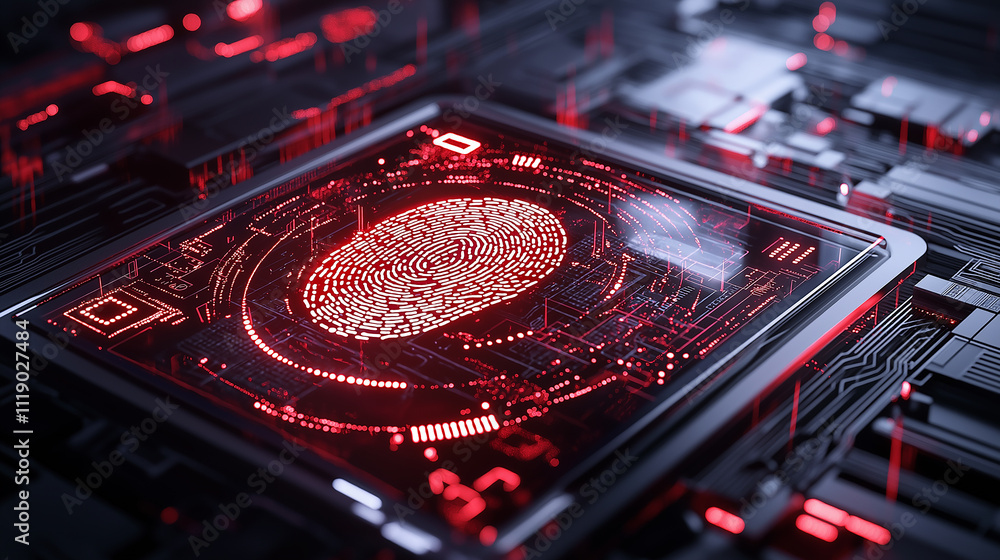 Poster digital fingerprint displayed on futuristic circuit board, glowing in red. This high tech image captures essence of security and technology in visually striking manner