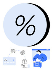 Large percentage symbol, arrows connecting credit card and hand with coins, person holding Cash Back sign. Ideal for finance, banking, advertising, web, v07 design, e-commerce, marketing customer
