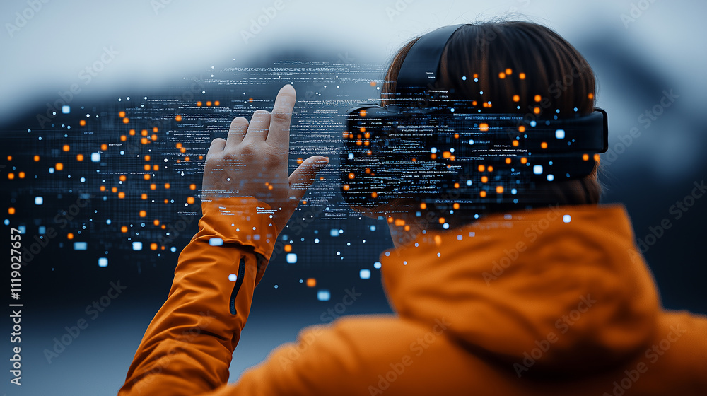 Poster immersive virtual reality experience with user interacting in digital environment. scene captures bl