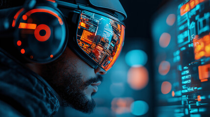 futuristic virtual reality experience with man wearing high tech headset, immersed in digital world filled with vibrant graphics and data