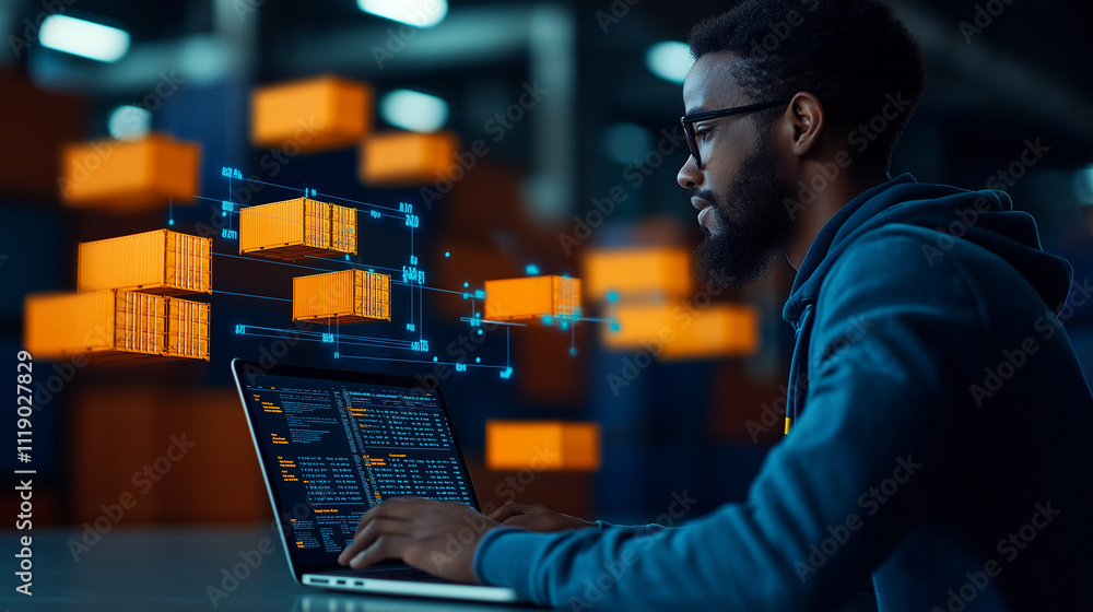 Poster business professional analyzes data on laptop, surrounded by digital graphics representing data flow