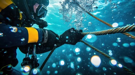 Submarine fiberoptic cable being spliced by a diver underwater, bubbles and light filtering through, submarine fiberoptic cable, underwater operations