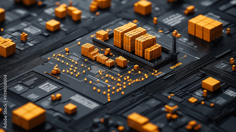 Aufkleber detailed illustration of digital circuit board with orange cubes representing data storage and proce