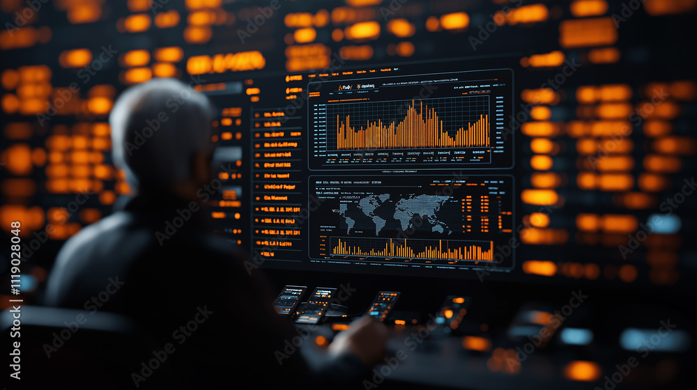 Fototapete businessman analyzing data on multiple screens in modern office, showcasing graphs and world maps, r