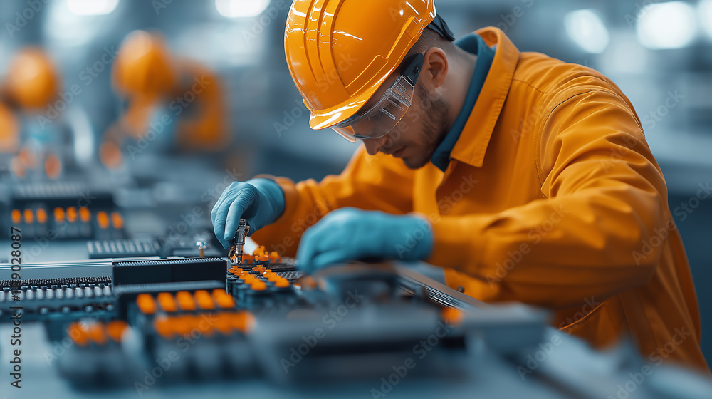 Poster worker in orange jacket and helmet focuses on assembling electronic components in factory setting, s