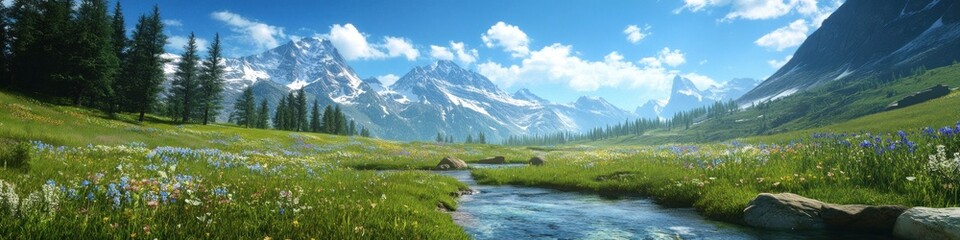 Fototapeta premium Serene Mountain Valley Stream And Wildflower Meadow