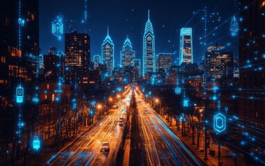 Fototapeta premium Night cityscape showcasing a futuristic smart city with glowing digital network connections overlaid on illuminated buildings and streets.