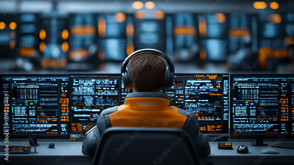 Leinwandbilder futuristic automation control room with person monitoring data on multiple screens, wearing headphon
