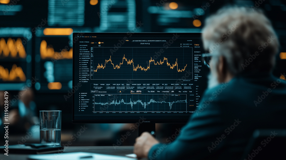 Poster focused investor analyzing financial data on computer screen, surrounded by charts and graphs, showc