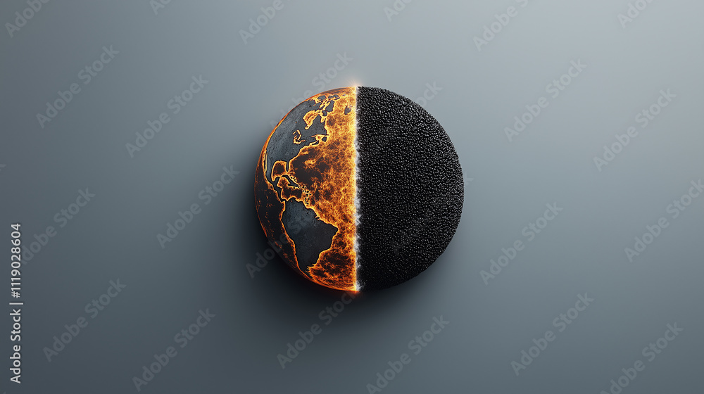 Poster powerful visual of earth, half fiery and half dark, showcasing contrasting elements of nature. this 