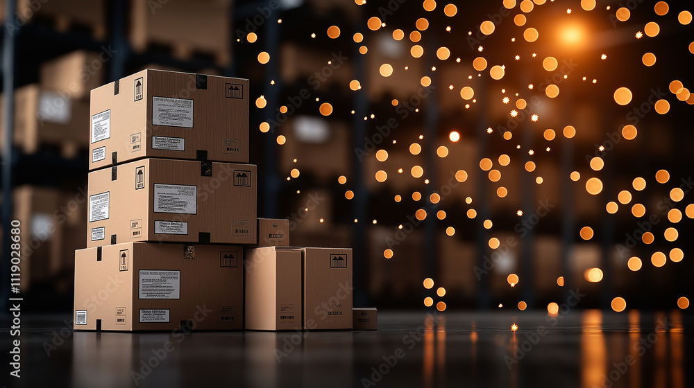Poster Stunning image of stacked cardboard boxes in warehouse, illuminated by warm bokeh lights, creating cozy and inviting atmosphere