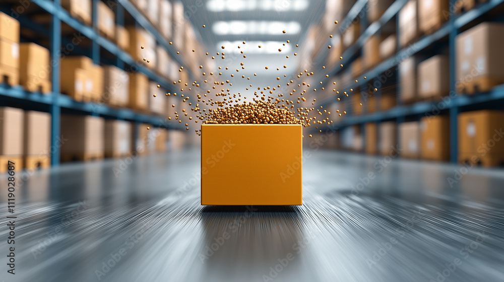 Poster vibrant yellow box in warehouse, bursting with small particles, symbolizes chaos and disarray in storage. scene captures essence of busy supply chain environment