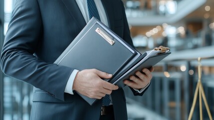 Business Professional Holding Documents in Modern Office Environment