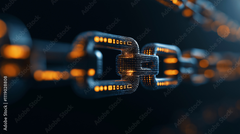 Leinwandbilder close up view of digital chain link with glowing elements, symbolizing technology and connectivity. 