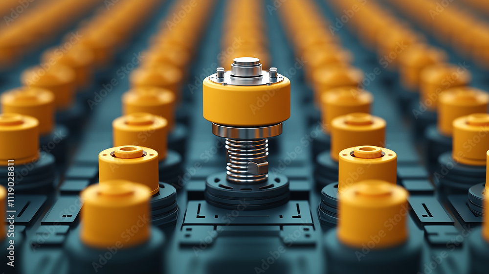 Poster detailed view of mechanical component surrounded by similar parts, showcasing intricate design and engineering. vibrant colors and precise arrangement create striking visual impact