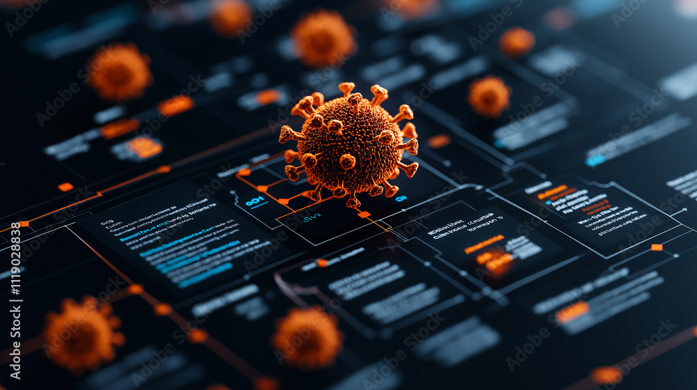 Aufkleber infographic displaying 3D model of virus with data updates on COVID 19. design features vibrant colors and interconnected information, emphasizing ongoing pandemic