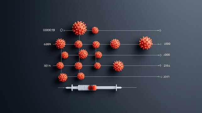 Recent updates on COVID 19 are illustrated with red virus models and syringe, highlighting ongoing health crisis. This infographic emphasizes importance of vaccination and awareness - Powered by Adobe