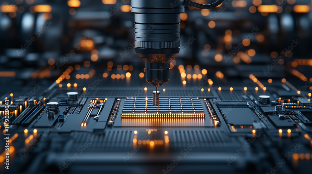 Poster advanced robotic arm working on microchip in high tech environment, showcasing intricate circuitry a