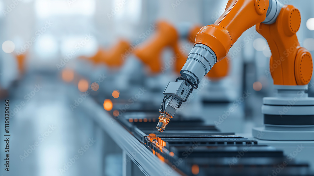 Fototapete advanced industrial robotic arm working on production line, showcasing precision and automation in m