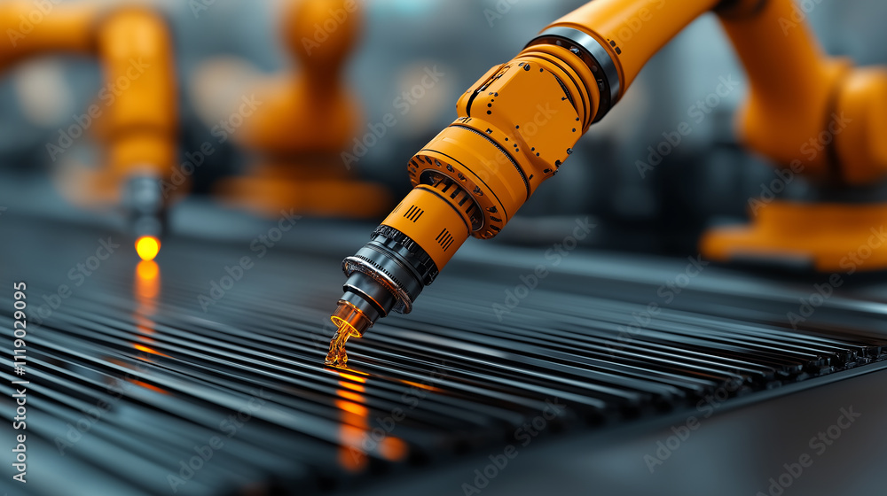 Poster advanced industrial robotic arm working on metal rods, showcasing precision and technology in manufa