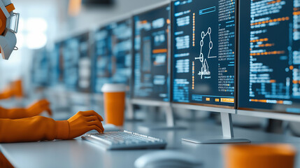 virtual classroom with multiple monitors displaying coding and data analysis. person in orange outfit interacts with keyboard, creating focused learning environment