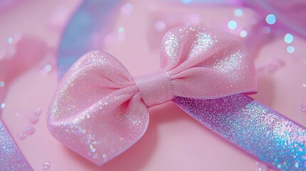 Delicate pink bow decoration on shimmering ribbon soft setup close-up view for craft enthusiasts
