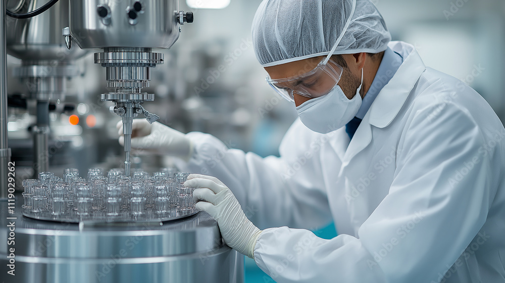 Poster scientist in lab carefully works on new experiments, wearing protective gear and focused on precisio