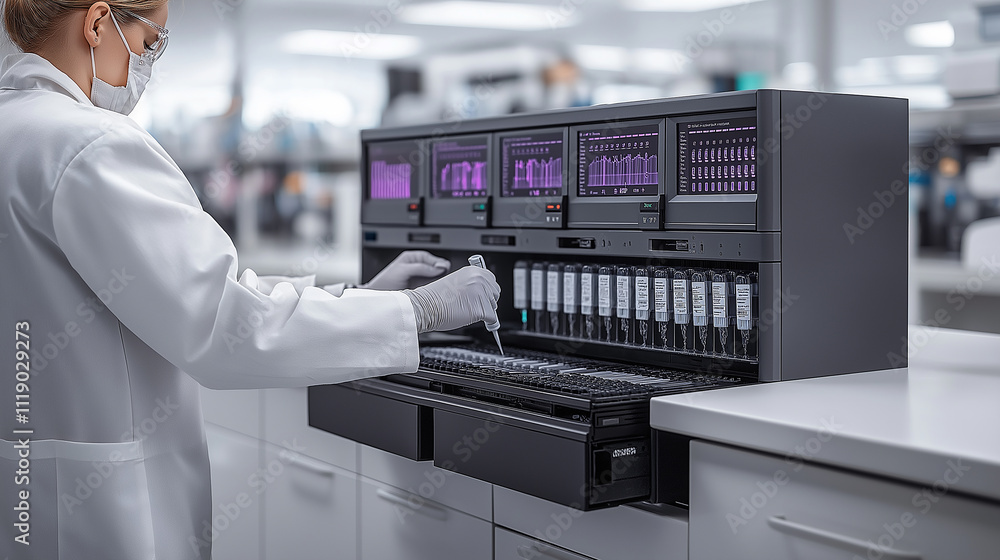 Aufkleber scientist in lab wearing white coat and gloves is working with advanced laboratory equipment, analyz
