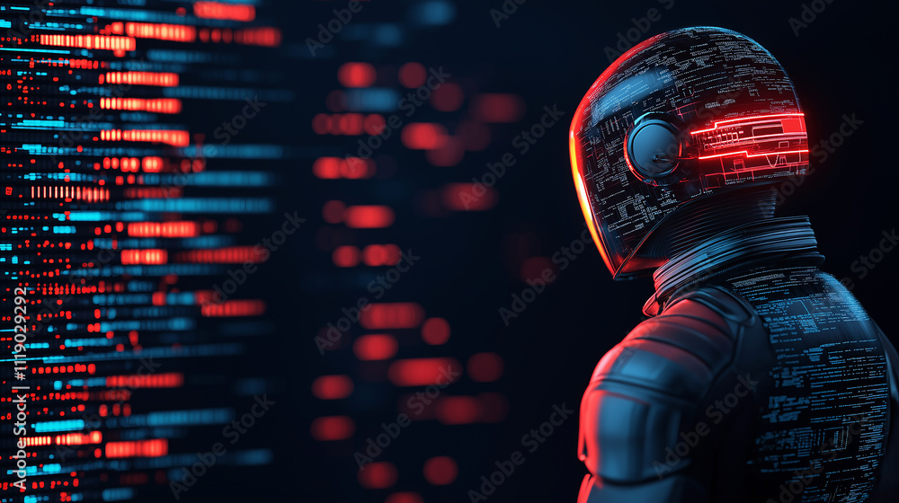 Leinwandbilder futuristic autonomous AI figure stands against backdrop of glowing data streams, showcasing blend of technology and innovation. vibrant colors evoke sense of advanced cybernetics