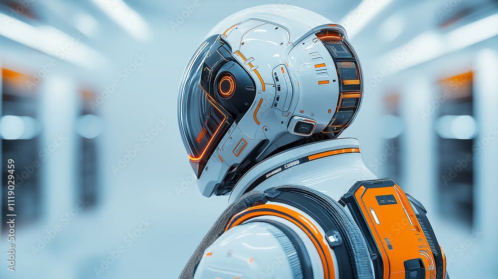 Poster futuristic robot with sleek design and glowing orange accents stands in high tech environment, showc