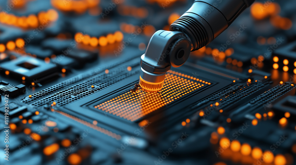 Poster robotic arm interacts with microchip on circuit board, showcasing advanced technology and innovation in electronics. glowing elements highlight intricate design