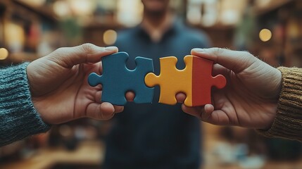 Two businessmen holding puzzle pieces, symbolizing collaboration and problem-solving