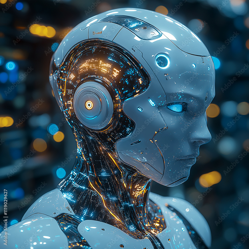 Fototapete futuristic humanoid robot with glowing circuitry and blue accents, showcasing advanced technology and artificial intelligence. intricate design highlights its cybernetic features and modern