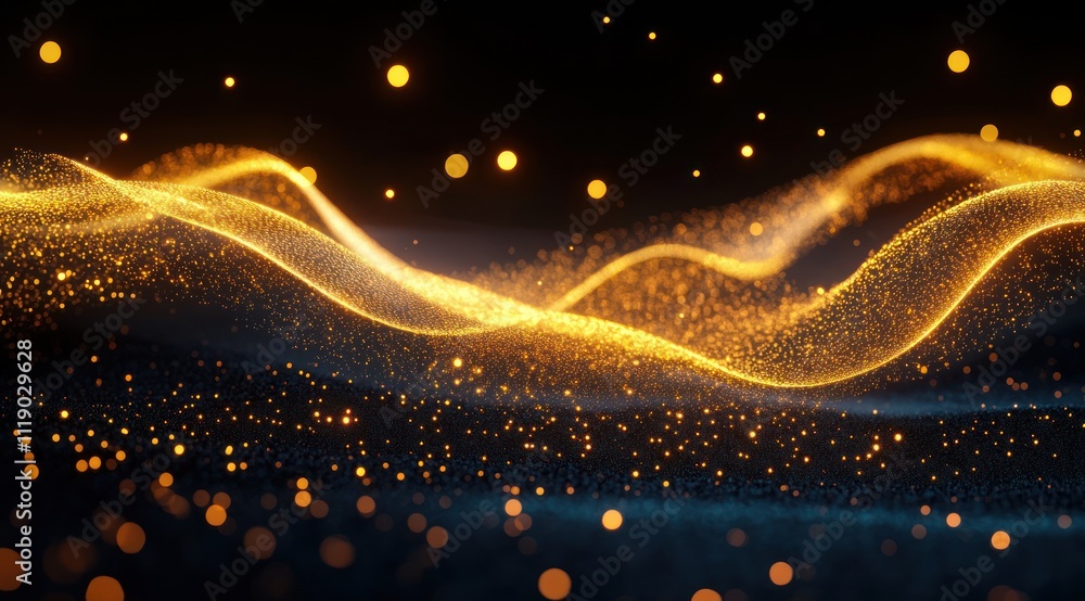 Poster golden particle wave bright sparkling lights on dark background abstract art