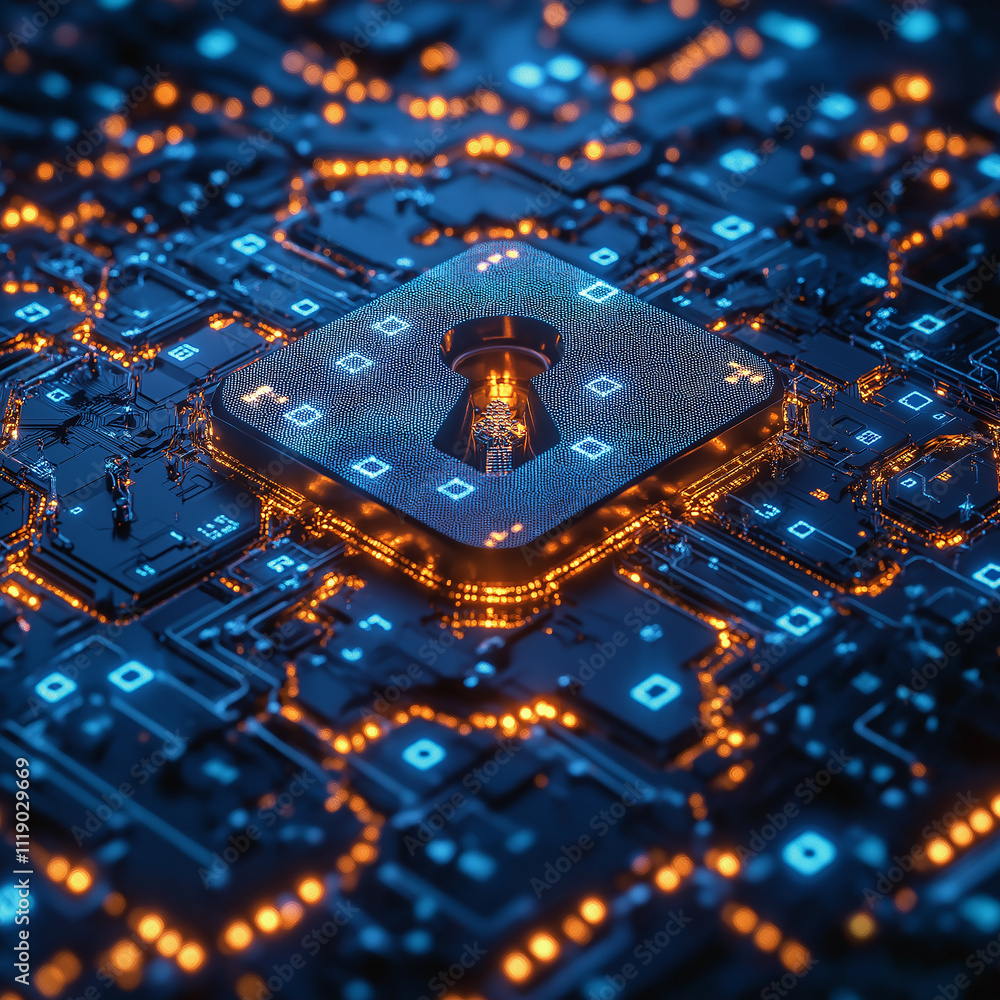 Aufkleber digital lock symbol circuit board represents cybersecurity and data protection. vibrant blue and orange lights create futuristic atmosphere, emphasizing technology role safeguarding information
