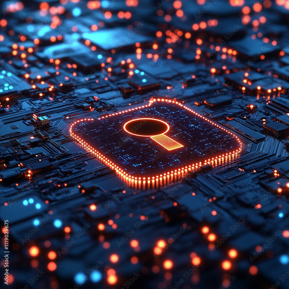 Fototapete digital lock symbol on circuit board represents cybersecurity and data protection. glowing elements 