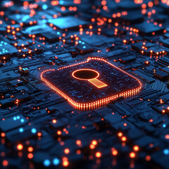Fototapeta premium digital lock symbol on circuit board represents cybersecurity and data protection. glowing elements create futuristic atmosphere, emphasizing technology role in safeguarding information