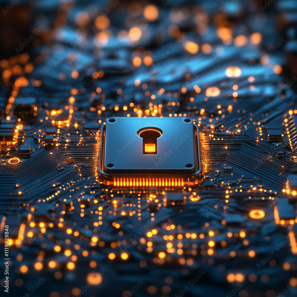 Fototapete digital lock symbol on circuit board represents cybersecurity and data protection. glowing elements 