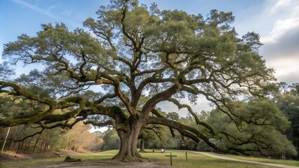 Obraz premium Park and outdoor concept, Spring landscape big trees on green grass meadow, New young green leaves on twig in the park under blue sky, Natural greenery, generative ai