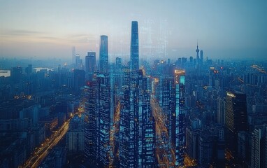 Fototapeta premium Stunning aerial cityscape at dawn, illuminated skyscrapers with digital overlay, showcasing technological advancement and urban development.