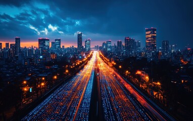 Obraz premium Breathtaking night cityscape showcasing a vibrant highway illuminated with colorful lights, cutting through a modern city skyline under a dramatic sky.
