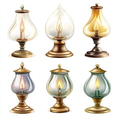 Six Antique-Style Table Lamps with Glass Shades and Lit Flames