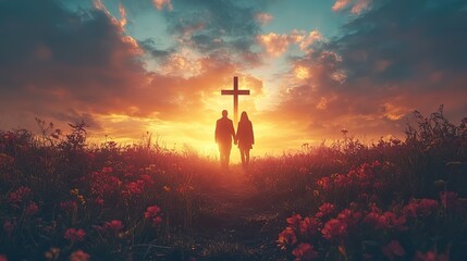 Fototapeta premium Two people holding hands and a cross together against a vibrant sunset background